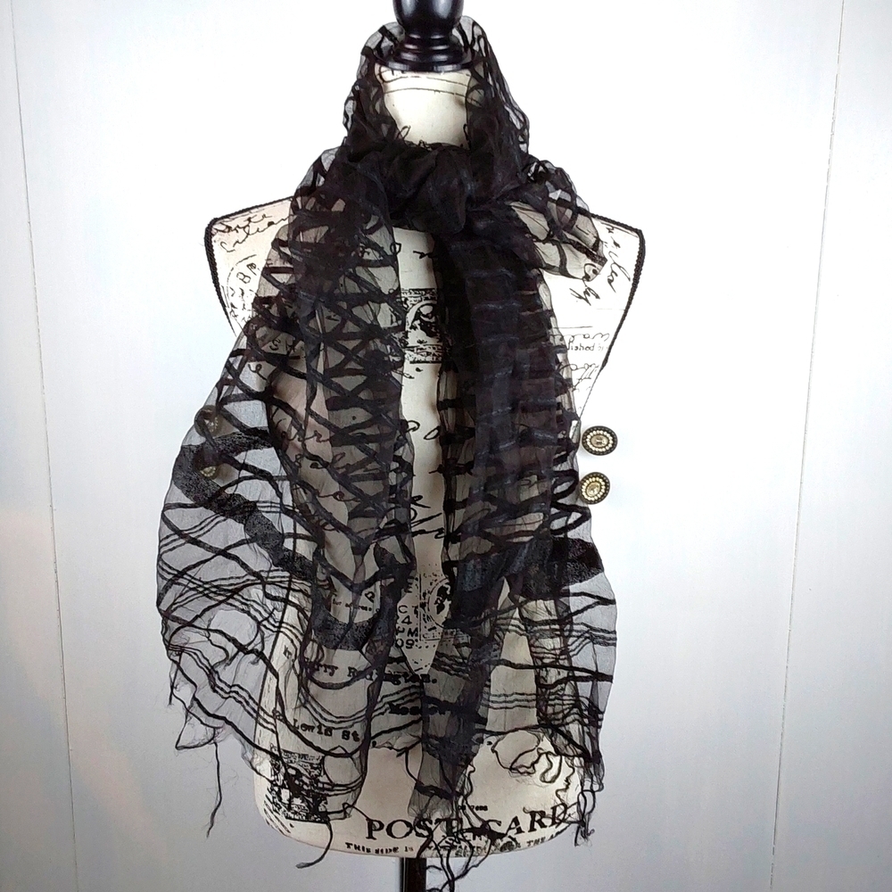 Womens Scarf Black Sheer Long & Wide Vertical Stripes Fringe on Ends Whimsigoth